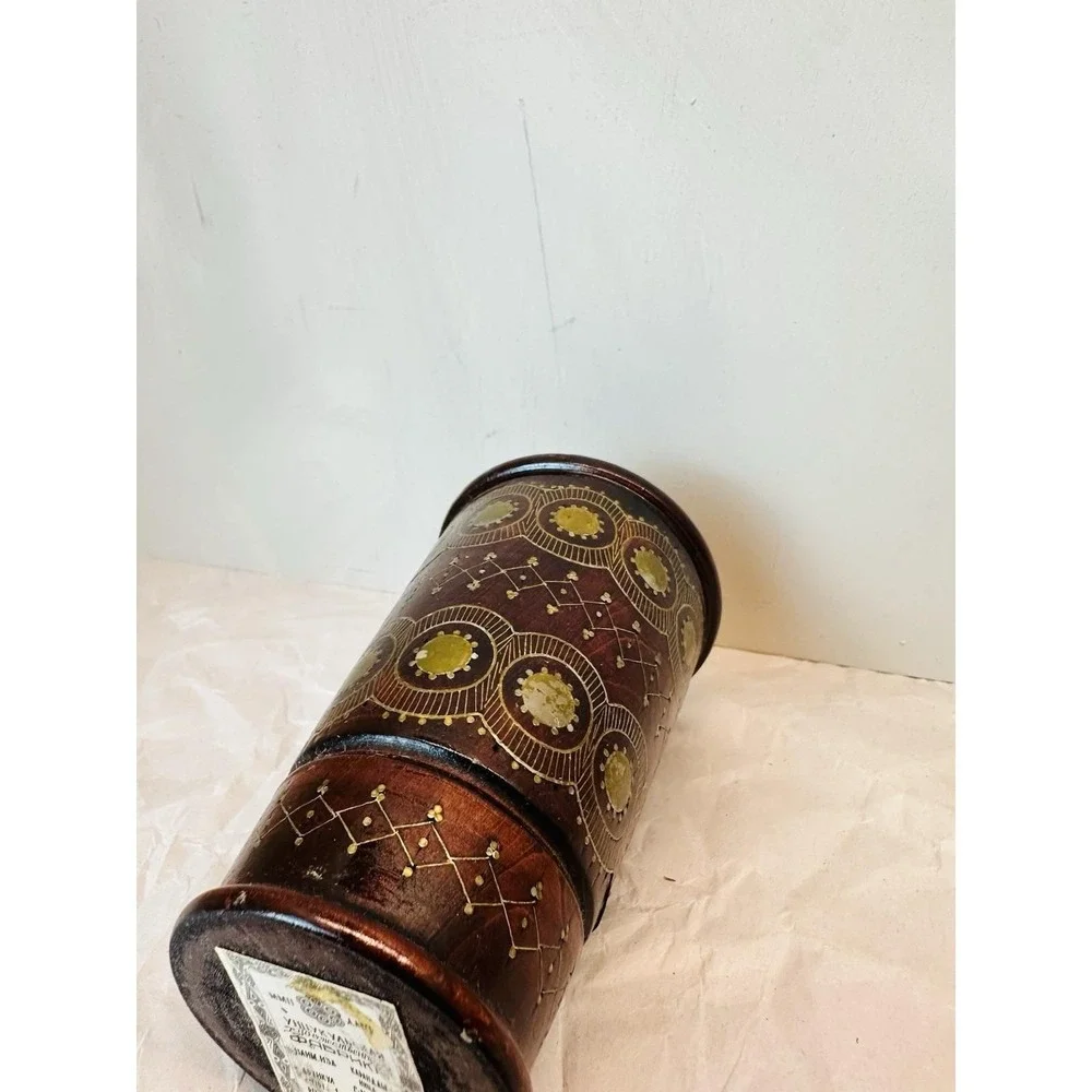 Vintage Soviet-era Russian uskul brass inlay wood pencil cup/vase 4.25